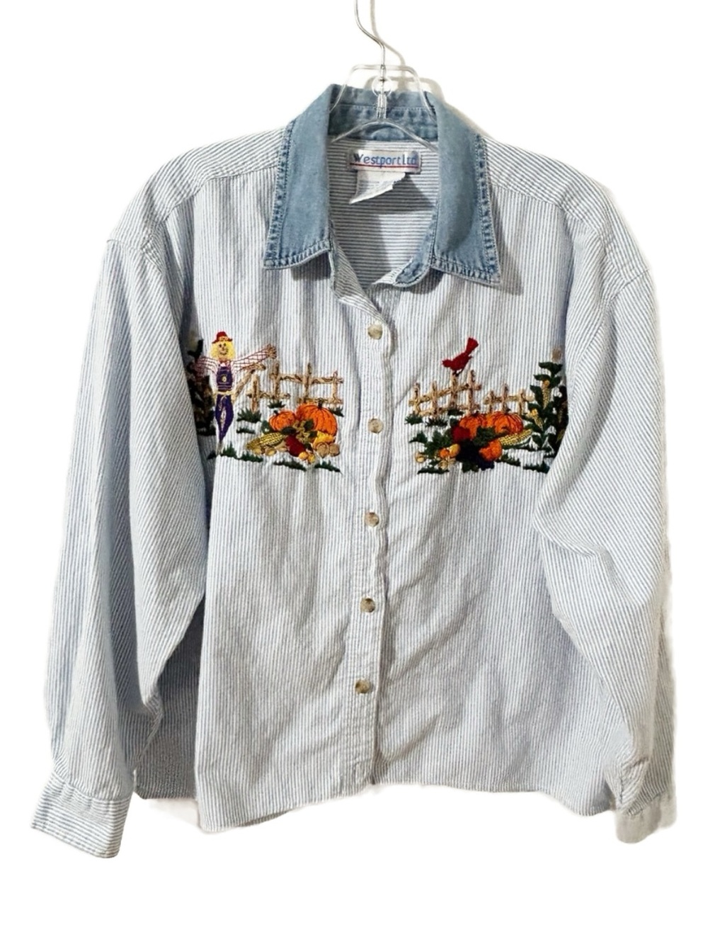 Vintage Westport Ltd Embroidered Fall Harvest Striped Button-Up Shirt Size Large